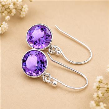 925 Sterling Silver 14.64 Ct Round Amethyst Earrings