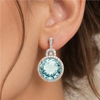 925 Sterling Silver 14.69 Ct Round Blue Topaz White Zircon Earrings