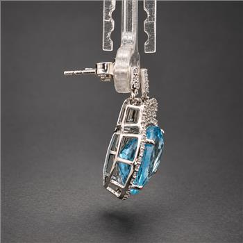 925 Sterling Silver 14.69 Ct Round Blue Topaz White Zircon Earrings
