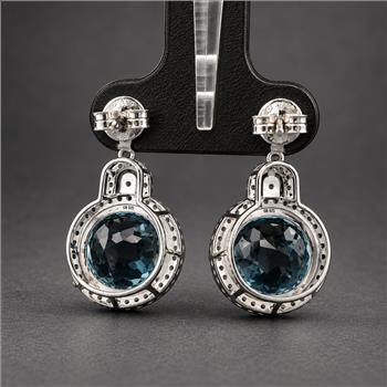 925 Sterling Silver 14.69 Ct Round Blue Topaz White Zircon Earrings