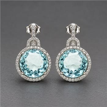 925 Sterling Silver 14.69 Ct Round Blue Topaz White Zircon Earrings