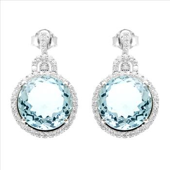 925 Sterling Silver 14.69 Ct Round Blue Topaz White Zircon Earrings