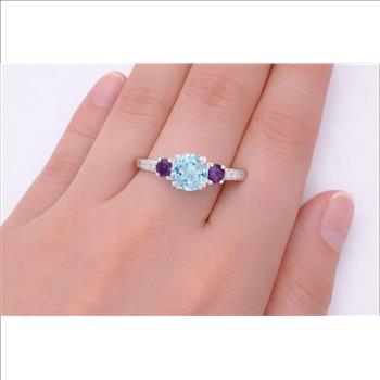 925 Sterling Silver 1.59 Ct Round Blue Topaz Amethyst Cubic Zirconia Ring 9.5 US Ring Size