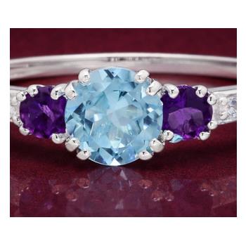 925 Sterling Silver 1.59 Ct Round Blue Topaz Amethyst Cubic Zirconia Ring 9.5 US Ring Size