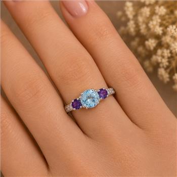 925 Sterling Silver 1.59 Ct Round Blue Topaz Amethyst Cubic Zirconia Ring 9.5 US Ring size