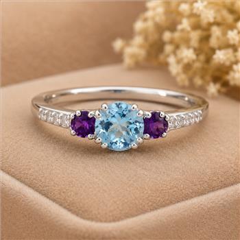 925 Sterling Silver 1.59 Ct Round Blue Topaz Amethyst Cubic Zirconia Ring 9.5 US Ring size