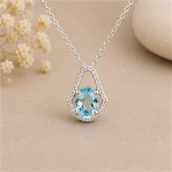 925 Sterling Silver 1.61 Ct Oval Blue Topaz White Zircon Pendant