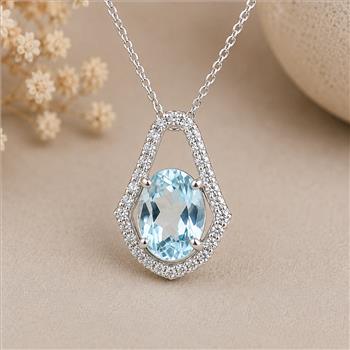 925 Sterling Silver 1.61 Ct Oval Blue Topaz White Zircon Pendant