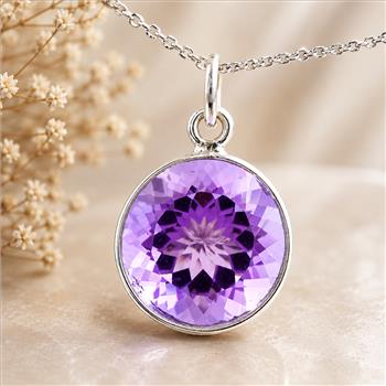 925 Sterling Silver 17.12 Ct Round Amethyst Pendant
