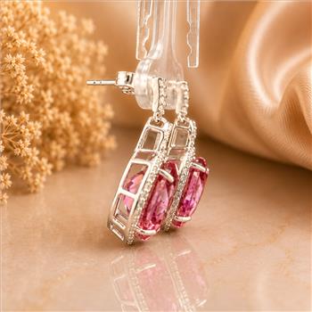 925 Sterling Silver 17.56 Ct Round Pink Topaz White Zircon Earrings