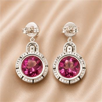 925 Sterling Silver 17.56 Ct Round Pink Topaz White Zircon Earrings