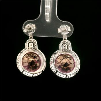 925 Sterling Silver 17.56 Ct Round Pink Topaz White Zircon Earrings