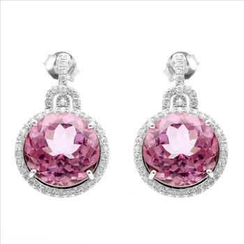 925 Sterling Silver 17.56 Ct Round Pink Topaz White Zircon Earrings