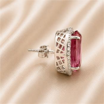 925 Sterling Silver 18.88 Ct Cushion Pink Topaz White Zircon Earrings