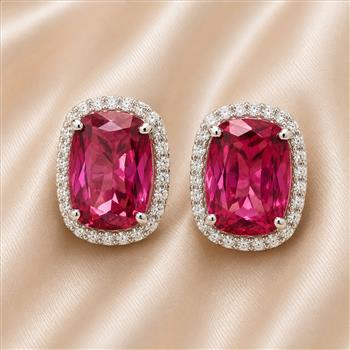 925 Sterling Silver 18.88 Ct Cushion Pink Topaz White Zircon Earrings