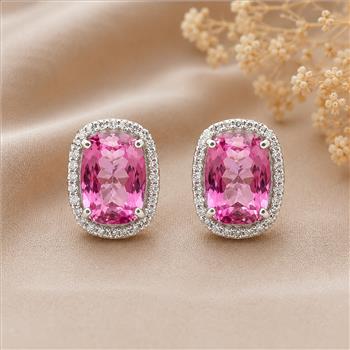 925 Sterling Silver 18.88 Ct Cushion Pink Topaz White Zircon Earrings