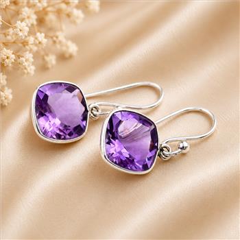 925 Sterling Silver 21.05 Ct Cushion Amethyst Earrings