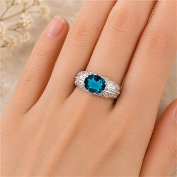 925 Sterling Silver 2.25 Ct Oval Created Paraiba Topaz Ring 8.5 US Ring size