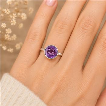 925 Sterling Silver 2.41 Ct Round Amethyst Ring 6 US Ring Size