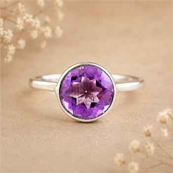 925 Sterling Silver 2.41 Ct Round Amethyst Ring 6 US Ring Size