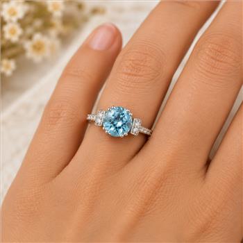 925 Sterling Silver 2.44 Ct Round Swiss Blue Topaz Cubic Zirconia Ring 7 US Ring Size