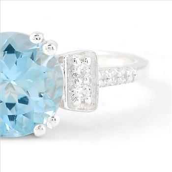 925 Sterling Silver 2.44 Ct Round Swiss Blue Topaz Cubic Zirconia Ring 7 US Ring Size