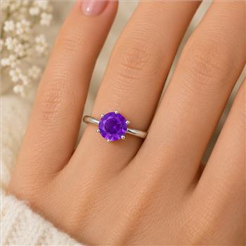 925 Sterling Silver 2.59 Ct Round Amethyst Ring 7 US Ring Size