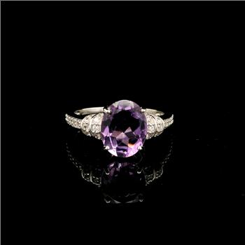 925 Sterling Silver 2.60 Ct Oval Amethyst White Zircon Ring 7 US Ring Size