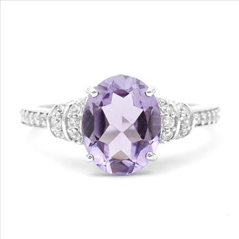 925 Sterling Silver 2.60 Ct Oval Amethyst White Zircon Ring 7 US Ring Size