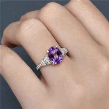 925 Sterling Silver 2.60 Ct Oval Amethyst White Zircon Ring 7 US Ring Size
