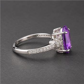 925 Sterling Silver 2.60 Ct Oval Amethyst White Zircon Ring 7 US Ring Size