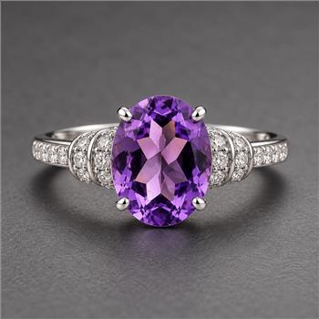925 Sterling Silver 2.60 Ct Oval Amethyst White Zircon Ring 7 US Ring Size