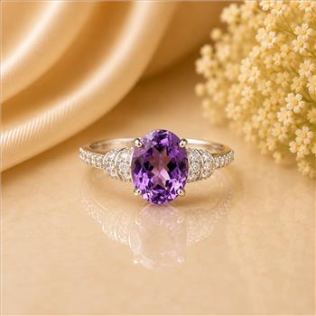 925 Sterling Silver 2.60 Ct Oval Amethyst White Zircon Ring 7 US Ring Size