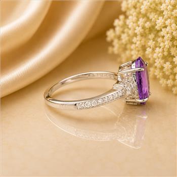925 Sterling Silver 2.60 Ct Oval Amethyst White Zircon Ring 7 US Ring Size