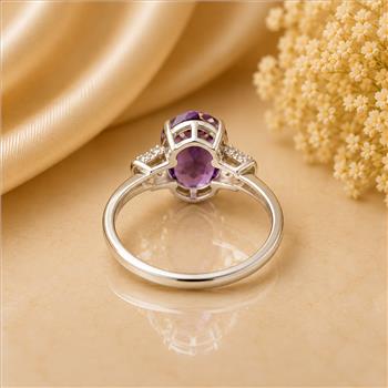 925 Sterling Silver 2.60 Ct Oval Amethyst White Zircon Ring 7 US Ring Size