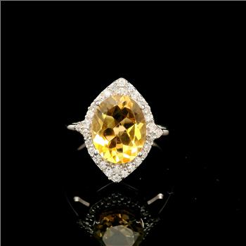 925 Sterling Silver 2.64 Ct Oval Citrine White Zircon Ring 7 US Ring Size