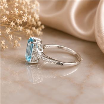925 Sterling Silver 3.01 Ct Octagon Blue Topaz White Zircon Ring 7 US Ring Size