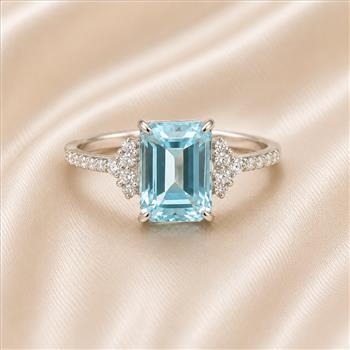 925 Sterling Silver 3.01 Ct Octagon Blue Topaz White Zircon Ring 7 US Ring Size