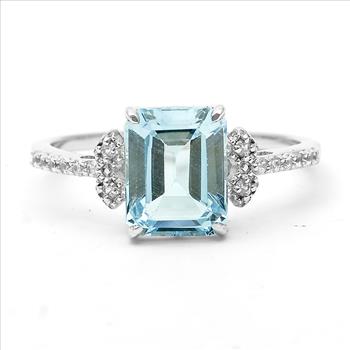 925 Sterling Silver 3.01 Ct Octagon Blue Topaz White Zircon Ring