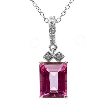 925 Sterling Silver 3.08 Ct Octagon Pink Topaz White Zircon Pendant