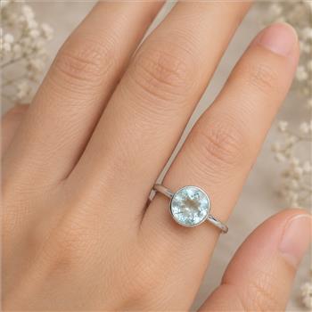 925 Sterling Silver 3.11 Ct Round Blue Topaz Ring 8 US Ring Size