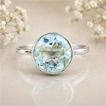925 Sterling Silver 3.11 Ct Round Blue Topaz Ring 8 US Ring Size