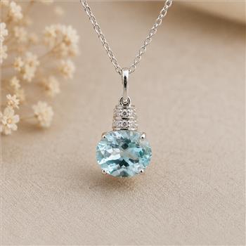 925 Sterling Silver 3.18 Ct Oval Blue Topaz White Zircon Pendant