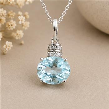 925 Sterling Silver 3.18 Ct Oval Blue Topaz White Zircon Pendant
