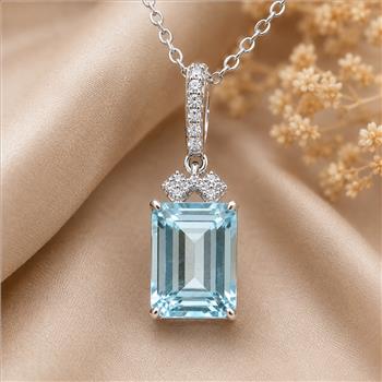 925 Sterling Silver 3.31 Ct Octagon Blue Topaz White Zircon Pendant