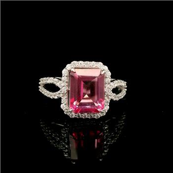 925 Sterling Silver 3.34 Ct Octagon Pink Topaz White Zircon Ring 7 US Ring Size