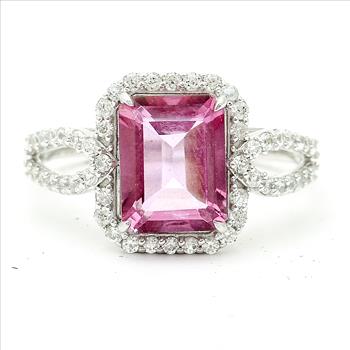 925 Sterling Silver 3.34 Ct Octagon Pink Topaz White Zircon Ring 7 US Ring Size