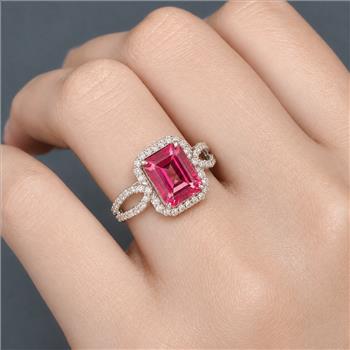 925 Sterling Silver 3.34 Ct Octagon Pink Topaz White Zircon Ring 7 US Ring Size