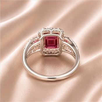 925 Sterling Silver 3.34 Ct Octagon Pink Topaz White Zircon Ring 7 US Ring Size