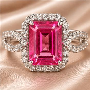 925 Sterling Silver 3.34 Ct Octagon Pink Topaz White Zircon Ring 7 US Ring Size